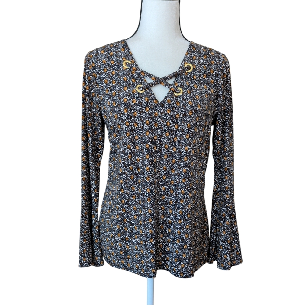 Michael Michael Kors Bell Sleeve Criss Cross Floral Blouse MEDIUM Black Yellow